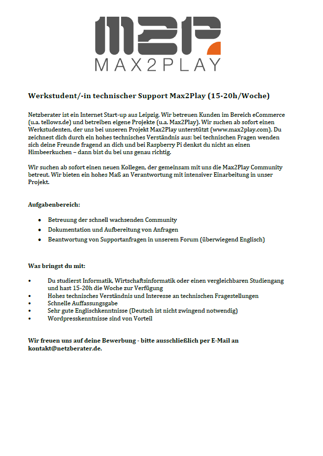 Werkstudent/-in technischer Support Max2Play (15-20h/Woche)